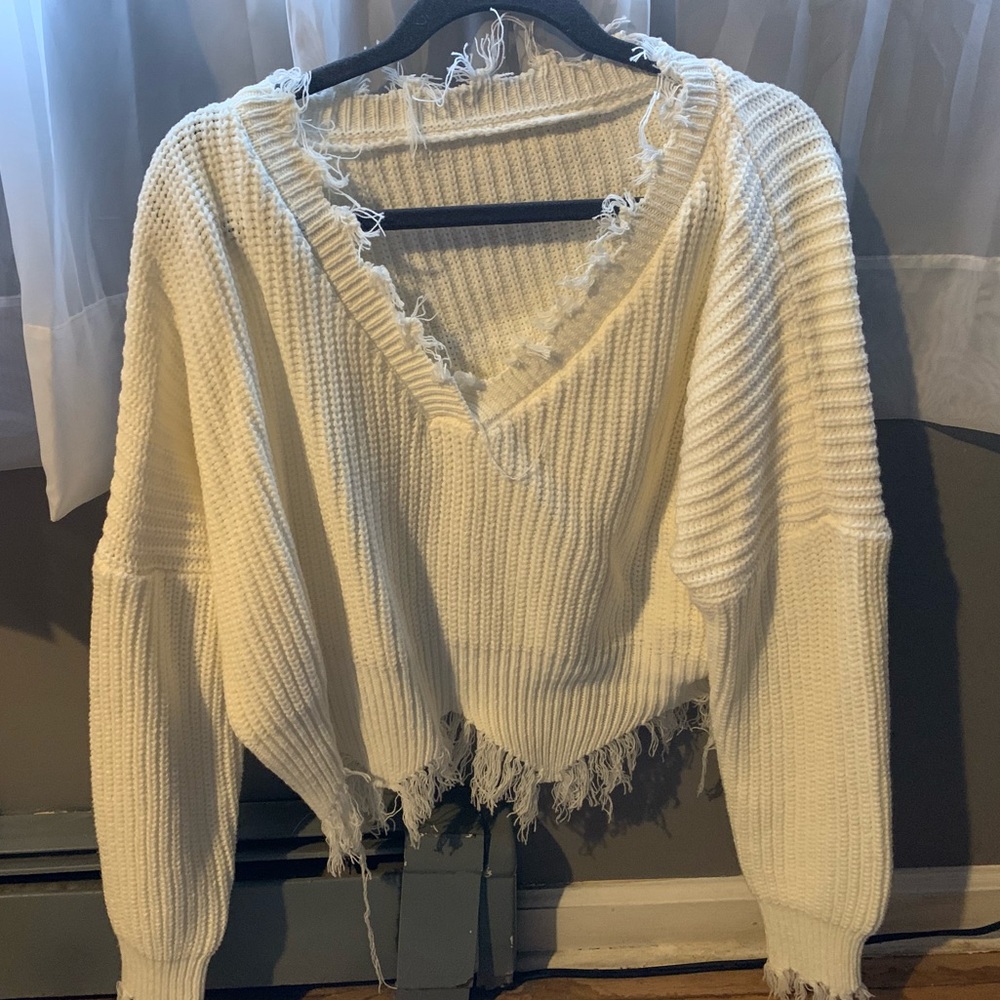 Cream Fringe V neck sweater